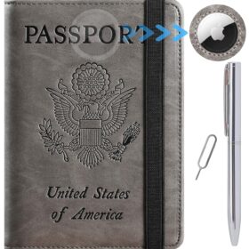 Airtag Passport Holder Cover Wallet Travel Essentials RFID Blocking Leather Card Case International Must Haves Travel Accessories for Women Men(119#Grey)