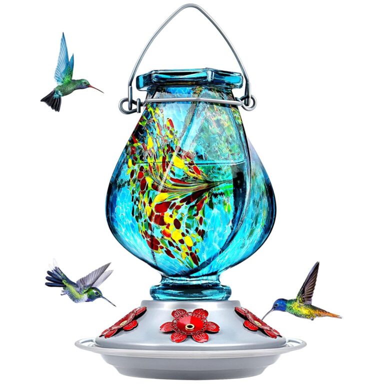 BOLITE Hummingbird Feeder, Hand Blown Glass Hummingbird Feeders for Outdoors Hanging, 22 Ounce, Five Feeding Ports with Perch, Blue