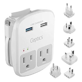 Ceptics Universal Travel Adapter Kit - 2 USB, USB-C Cord+2 US Outlets QC 3.0, Surge Protection, Plugs for Europe, UK, China, Australia, Japan - Perfect for Laptop, Cell Phones,...