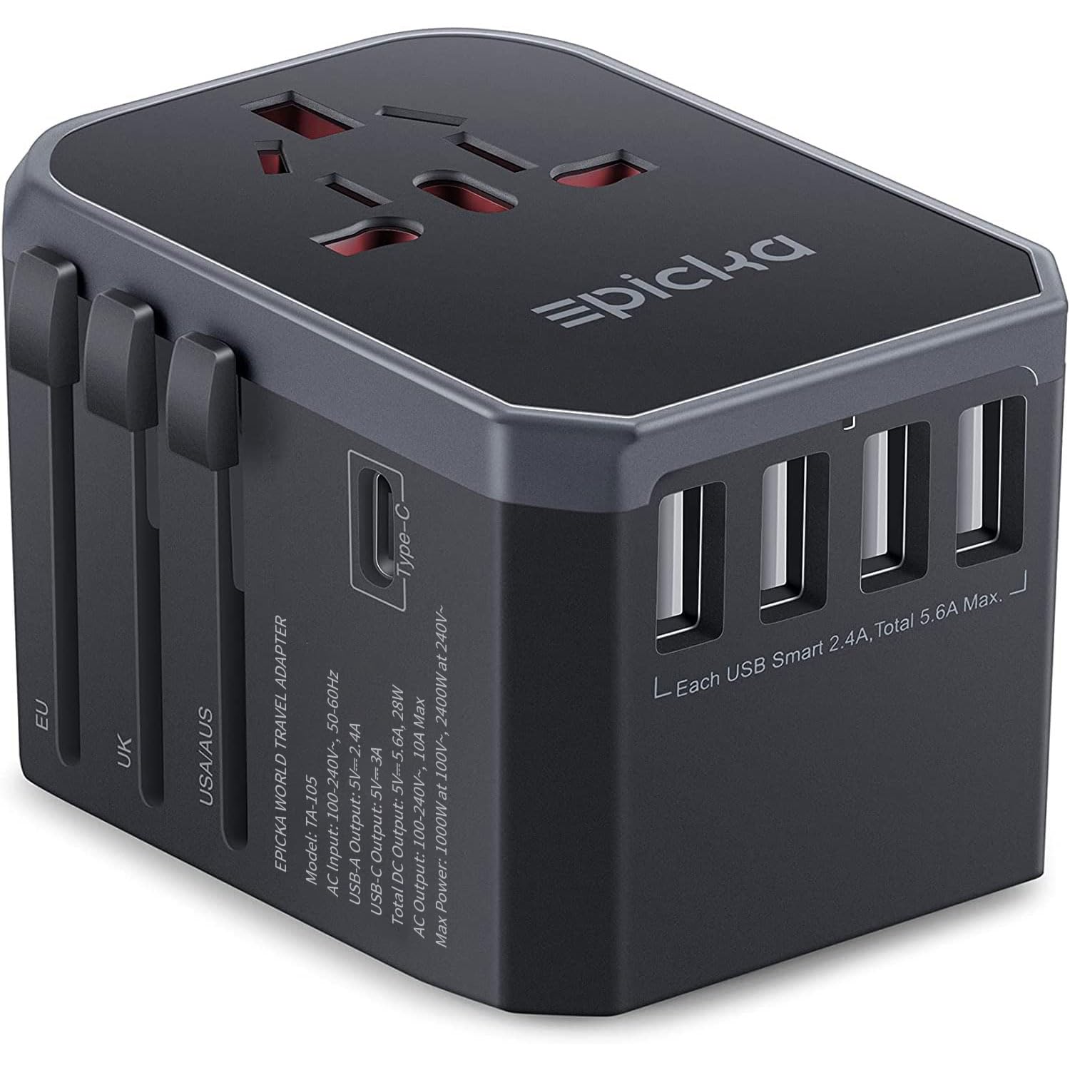 EPICKA Universal Travel Adapter, European Travel Plug Adapter - International Power Adapter Worldwide Charger with USB-C & 4 USB Ports, Travel Essentials for Italy, Japan,...