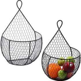 ERYTLLY Metal Fruit And Vegetable Storage Hanging Basket Wall Mounted, For Kitchen Black Wire Baskets for Flowers, Fruits and Veggies, - Set of 2