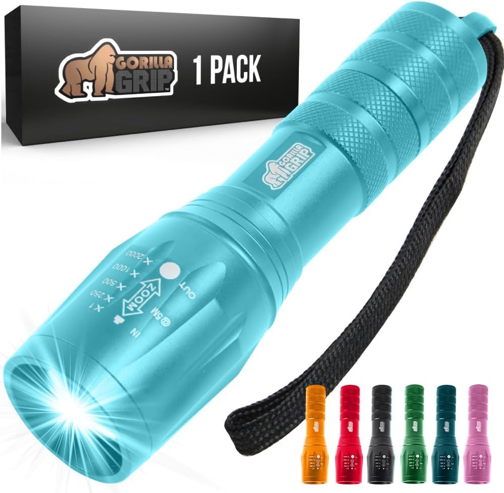 GORILLA GRIP Powerful LED Tactical Flashlight, 750 FT High Lumens 5 Adjustable Modes, Water Resistant, Ultra Bright Zoom Flashlights, Small Mini Flash Light, Camping, Night Dog...