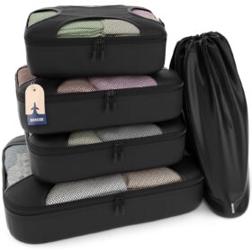 Shacke Premium 5 Packing Cubes Set - Lightweight Mesh Travel Luggage Organizers with Laundry Bag, 5-Piece Suitcase Storage System (Black)