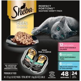 Sheba Perfect Portions Wet Cat Food Cuts in Gravy Variety Pack, Sustainable Salmon, Sustainable Tuna, and Delicate White Fish & Tuna Entree, 2.6 oz., Twin-Pack Trays, (24 Count,...