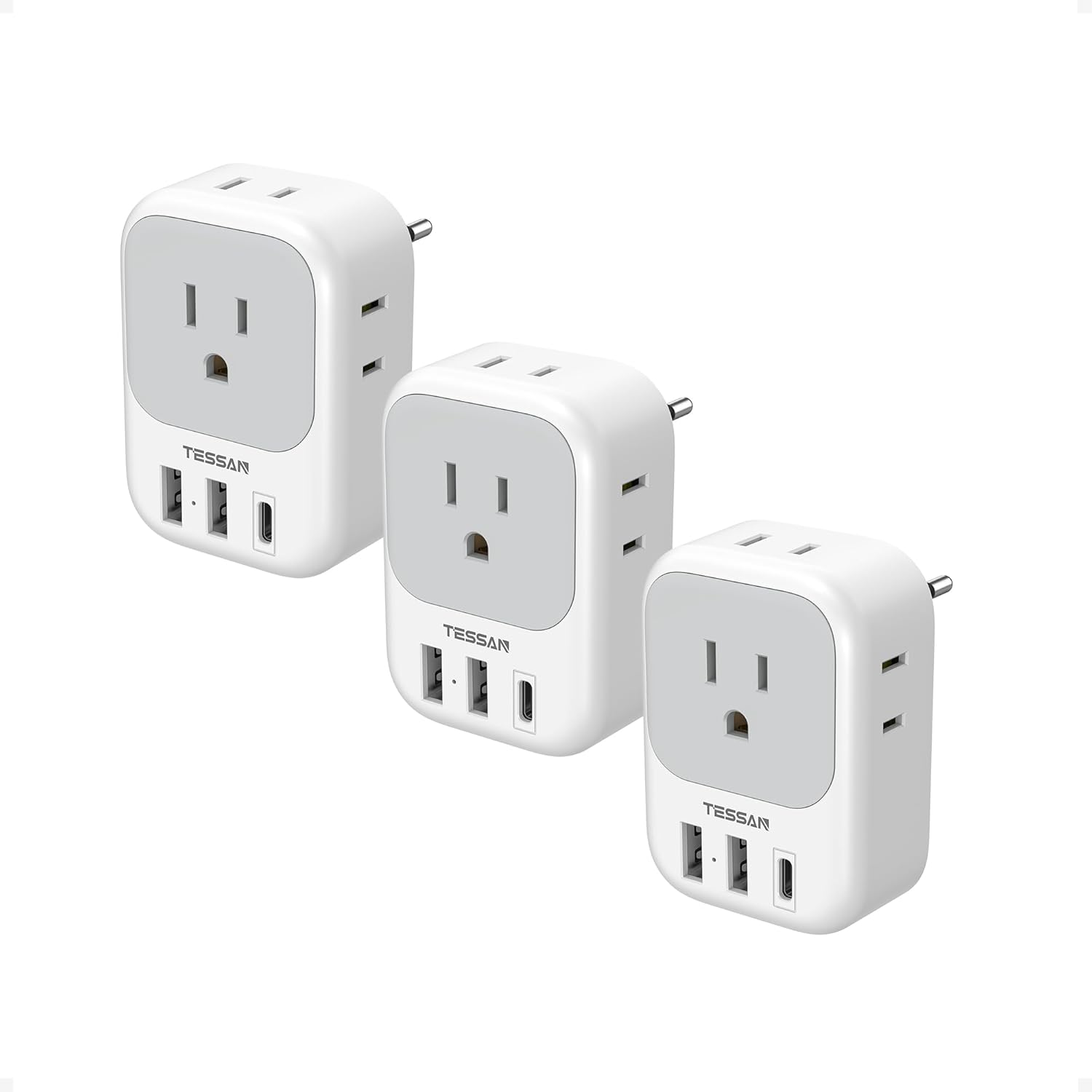 TESSAN 3 Pack European Travel Plug Adapter USB C, US to Europe Plug Adapter with 4 AC Outlets and 3 USB Ports, Type C Power Adaptor for USA to EU International Spain France...