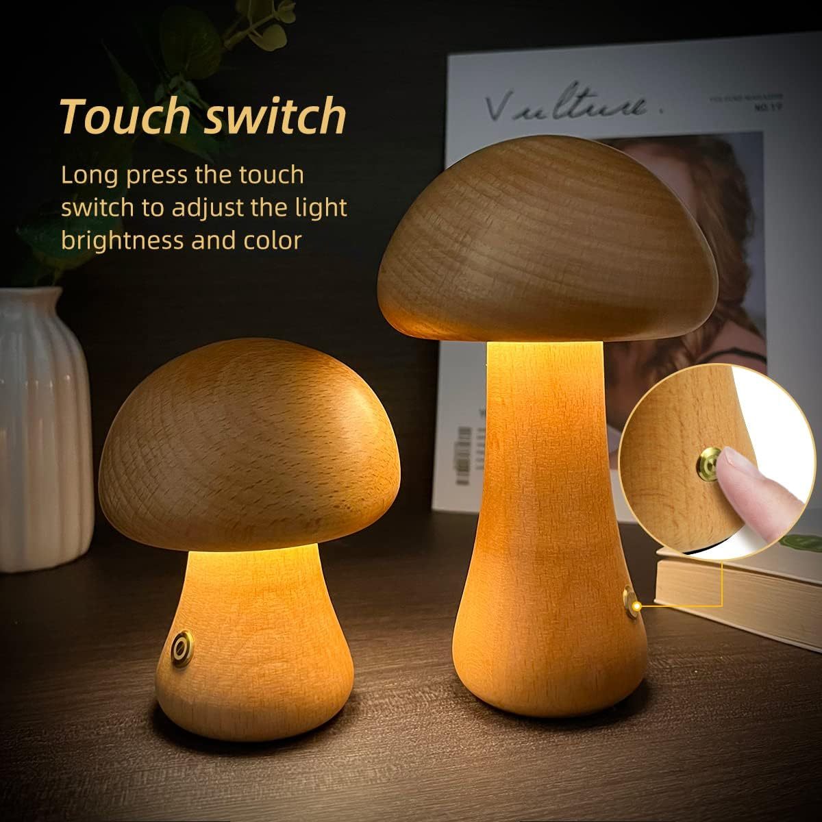 INS Wooden Cute Mushroom LED Night Light With Touch Switch Bedside Table Lamp For Bedroom Childrens Room Sleeping Night Lamps Home Decor - Image 2